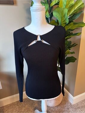 WHBM Ribbed Long-Sleeve Cutout Sweater- Black